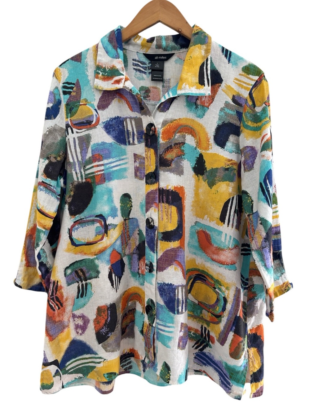 Ali Miles Linen Colorful Button Down Blouse Top Tunic Large Boho Artsy Lagenlook